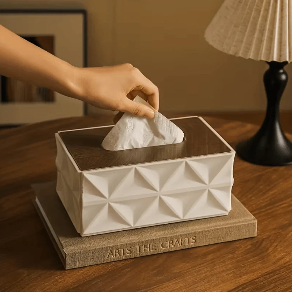 Modern Geometric Tissue Box Cover with Wooden Finish Lid