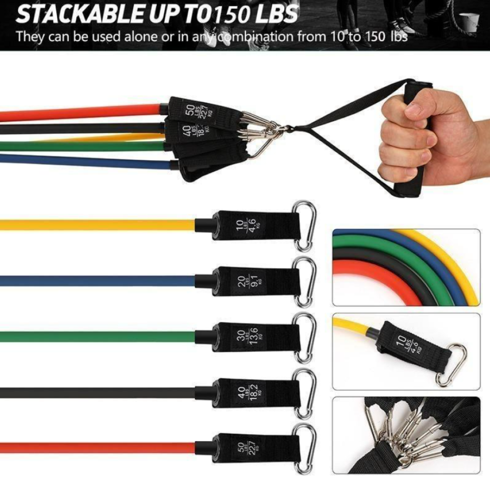 Resistance Bands Set - 11pcs Exercise Bands with Door Anchor, Ankle Straps and Handles - Workout Bands stackable