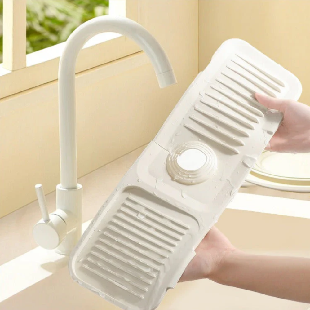 Silicone Kitchen Sink Splash Guard Mat with Faucet Drainer, Adjustable Silicone Sink Faucet Drying Pad