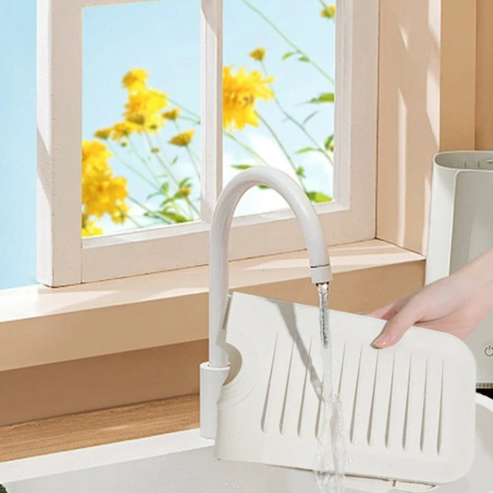 Silicone Kitchen Sink Splash Guard Mat with Faucet Drainer, Adjustable Silicone Sink Faucet Drying Pad