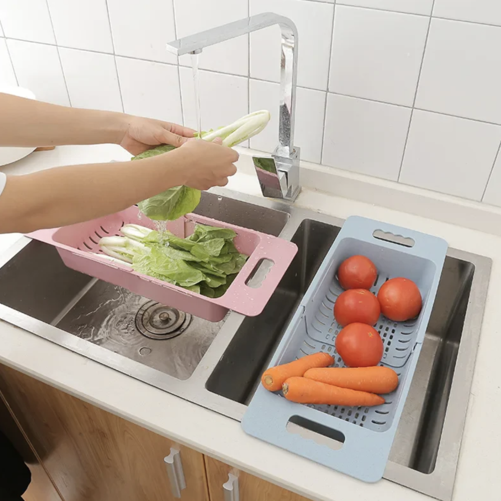 Plastic Expandable Drain Rack Strainer Fruit Vegetable Colander Over The Kitchen Sink Adjustable Drainer Basket