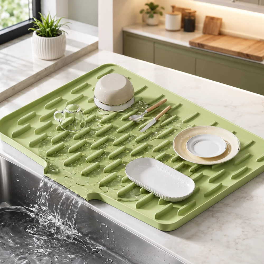 Silicone Dish Drying Mat With Drain Sprout - Anti-Slip Kitchen Drainer Mat