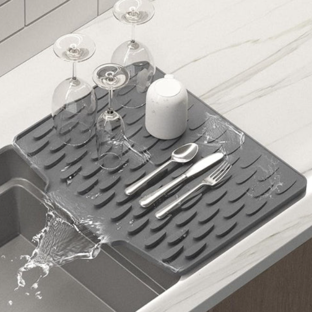 Silicone Dish Drying Mat With Drain Sprout - Anti-Slip Kitchen Drainer Mat