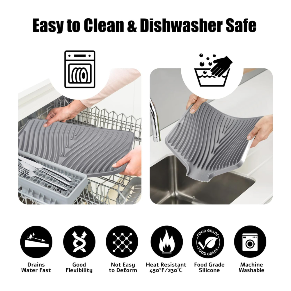 Silicone Dish Drying Mat With Drain Sprout - Anti-Slip Kitchen Drainer Mat
