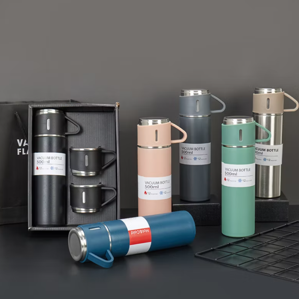 Vacuum Insulated Thermos 500ml(3pcs) With Extra 2 Cups Stainless Steel Flask Thermal Bottle