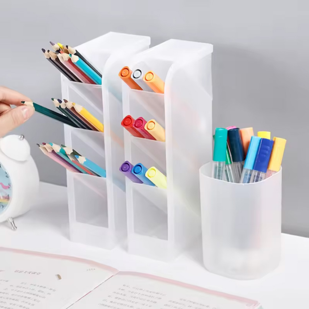 Multi-function 4 Grid Desktop Pen Holder Office School Storage Case Clear 4 Colors Plastic Box Desk Pencil Organizer