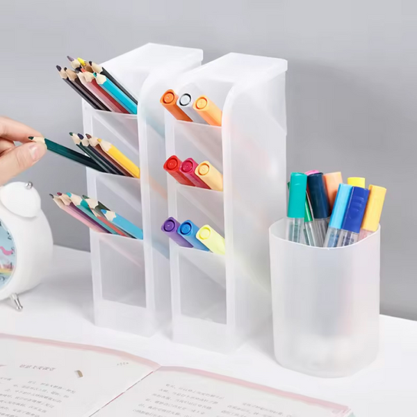 Multi-function 4 Grid Desktop Pen Holder Office School Storage Case Clear 4 Colors Plastic Box Desk Pencil Organizer