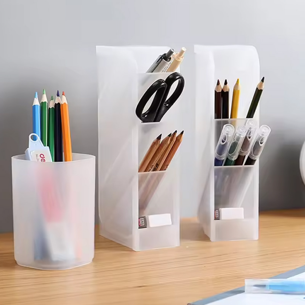 Multi-function 4 Grid Desktop Pen Holder Office School Storage Case Clear 4 Colors Plastic Box Desk Pencil Organizer