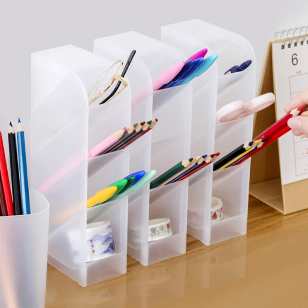 Multi-function 4 Grid Desktop Pen Holder Office School Storage Case Clear 4 Colors Plastic Box Desk Pencil Organizer