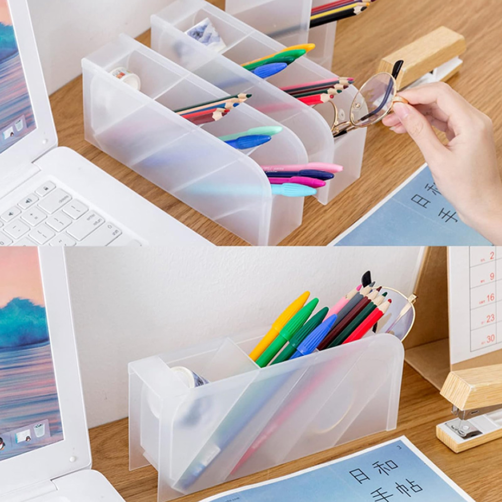 Multi-function 4 Grid Desktop Pen Holder Office School Storage Case Clear 4 Colors Plastic Box Desk Pencil Organizer