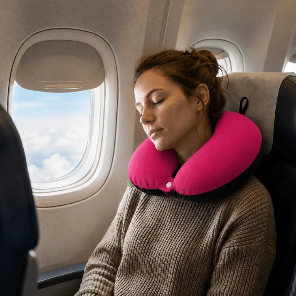 Comfort Travel Neck Pillow - Snap Design Memory Foam Neck Support for Comfortable Sleep